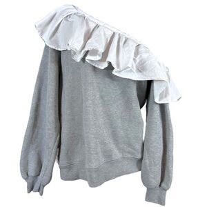 CLU One Shoulder Ruffled Sweatshirt In Heather Gray/White
